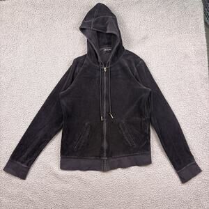 Juicy Couture Hoodie Womens XL Black Velour Full Zip Sweatshirt Y2K